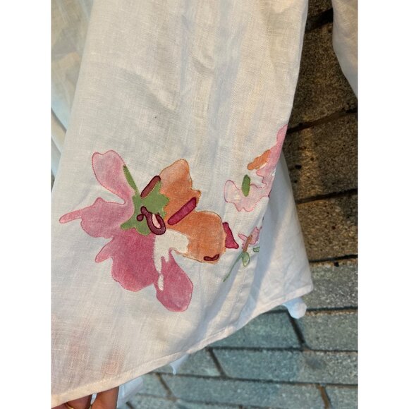 Dana Buchman White Linen Blouse W/ Multicolor Floral Embroidery Button-Down Long - Picture 6 of 9